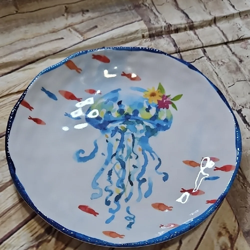 BELLA LUX MELAMINE CORAL & JELLYFISH  Dinner Plates Set Of‎ 4